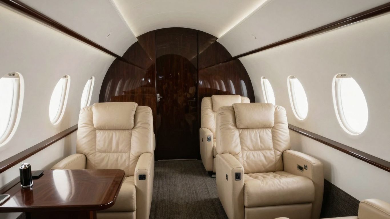 Interior of Lewis Hamilton's private jet cabin.