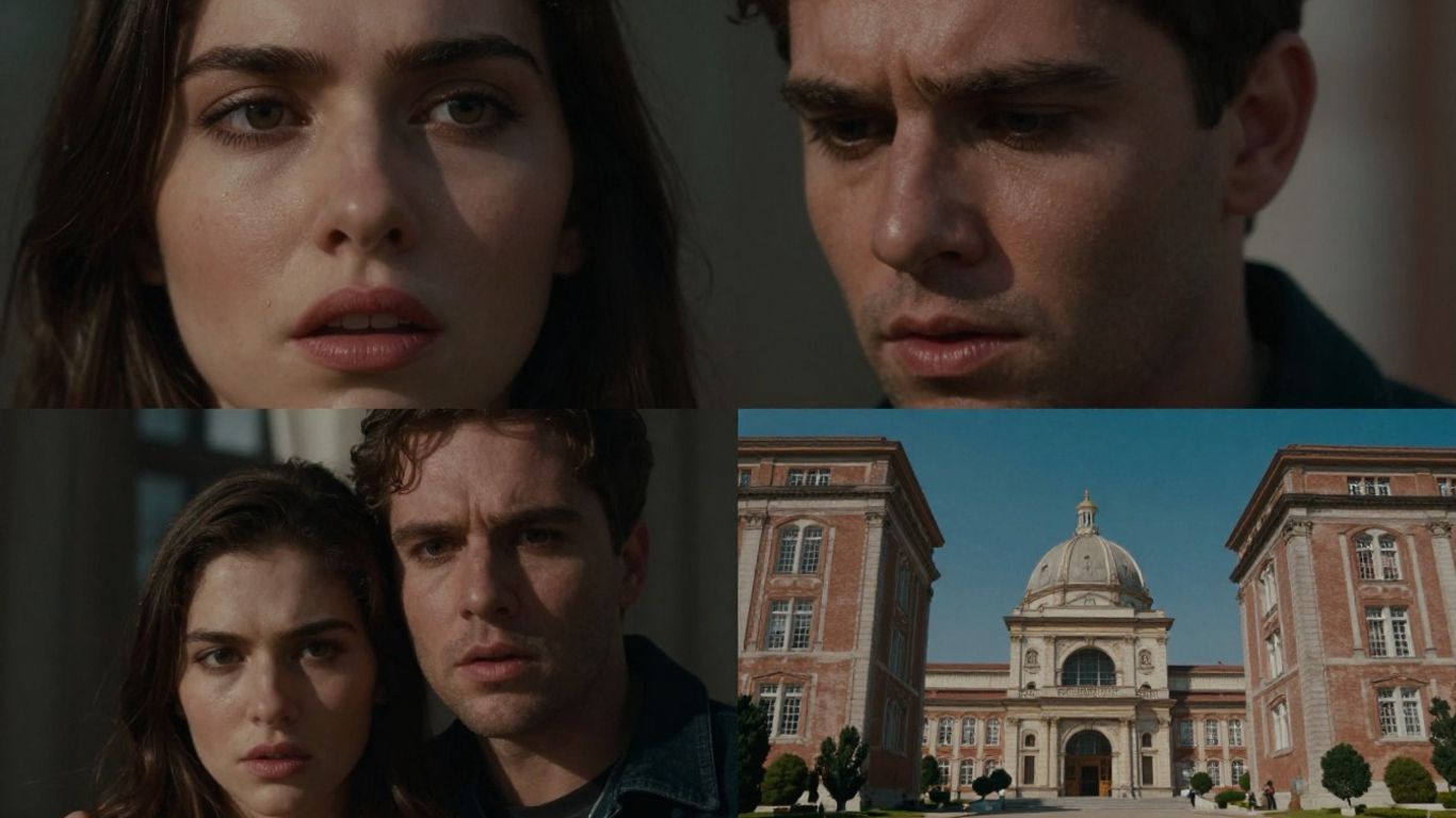 Scenă cinematografică cu lumini, umbre și emoții intense.