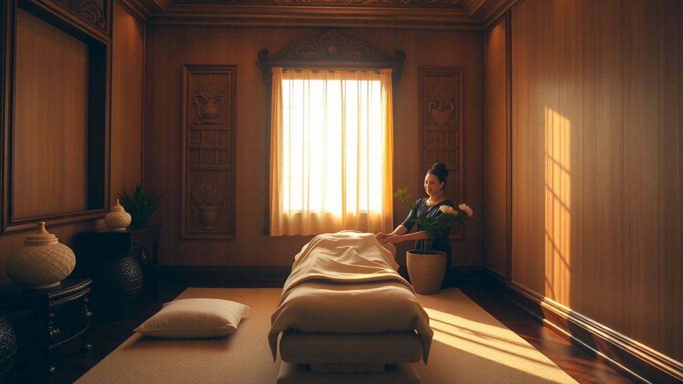 Serene Thai massage room in NYC with warm lighting and decor.