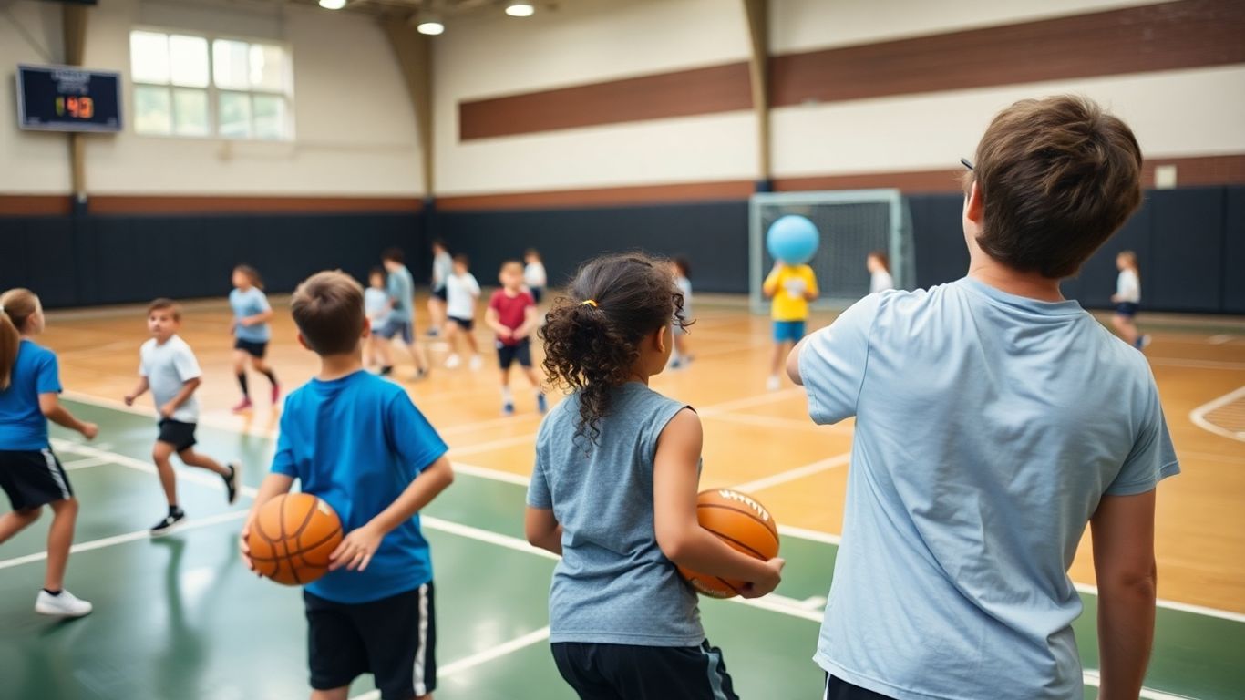 Sportunterricht mit aktiven Schülern und Trainer