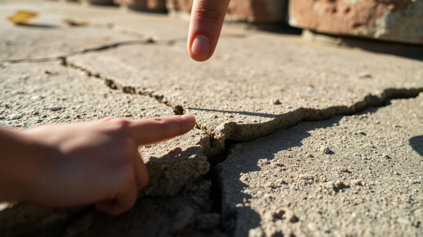 Cracked foundation with a hand pointing to the damage.