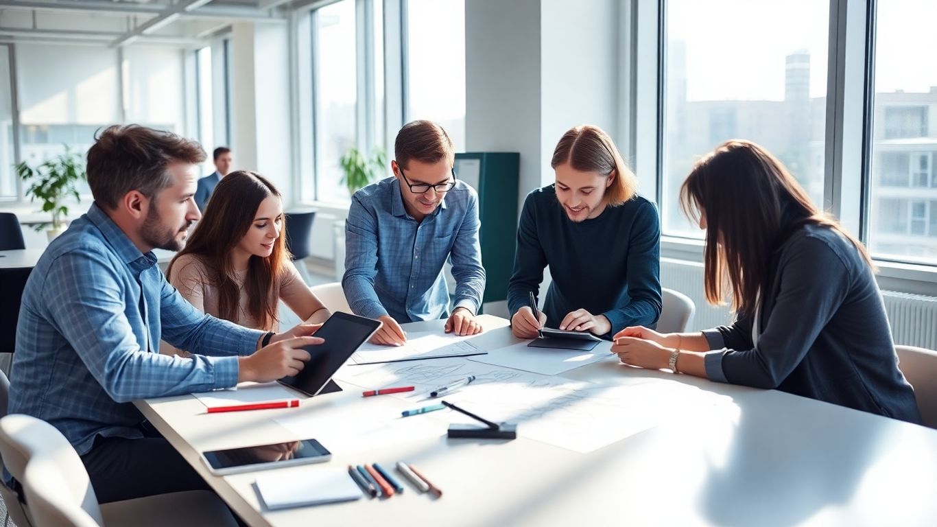 Creative agency team working together in a bright office.