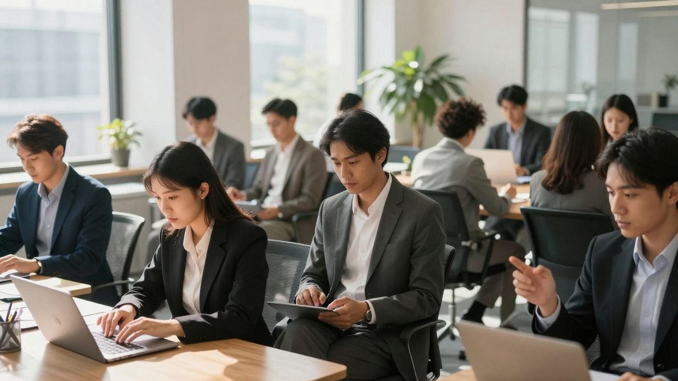 Pessoas em ambiente de escritório moderno e iluminado.