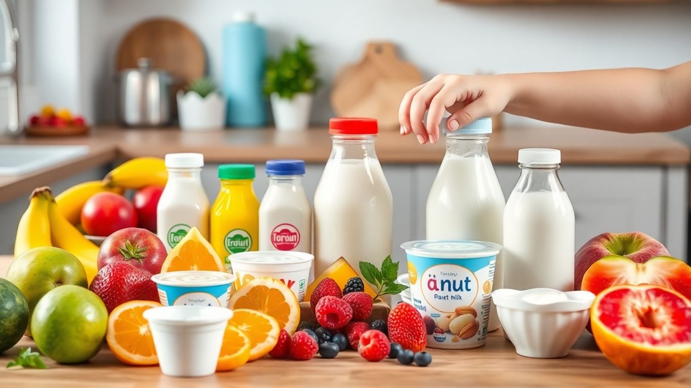 Des produits laitiers et alternatives saines pour enfants sur une table.