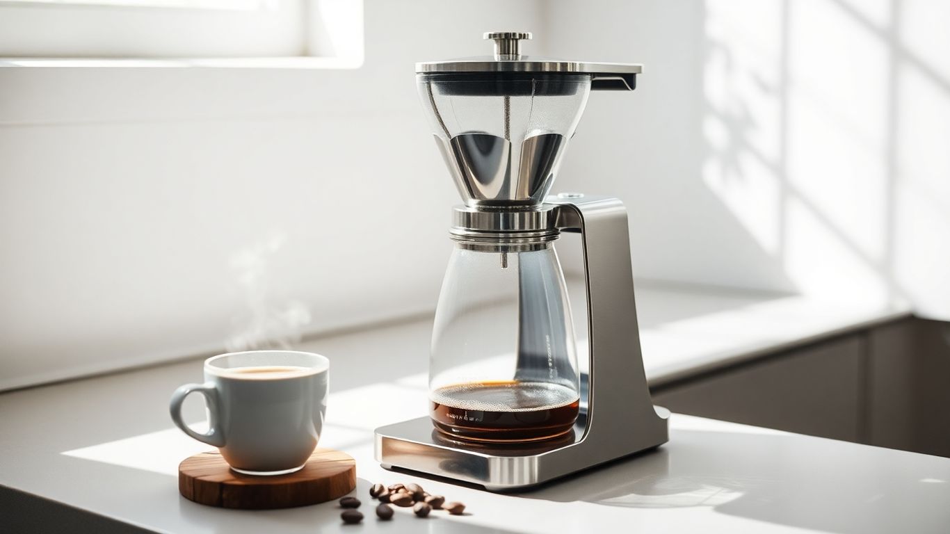 Filterkaffeemaschine aus Glas und Edelstahl mit Kaffee