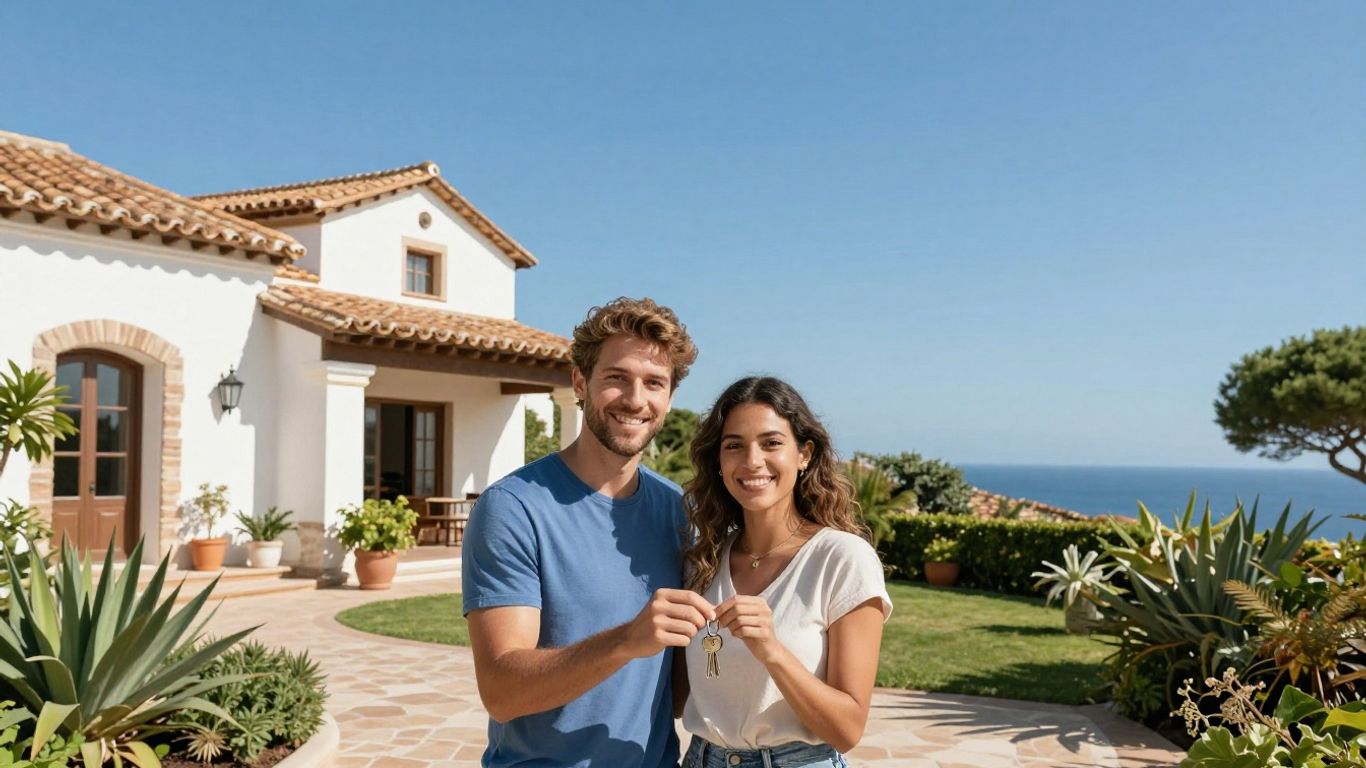 Couple holding keys outside Spanish villa