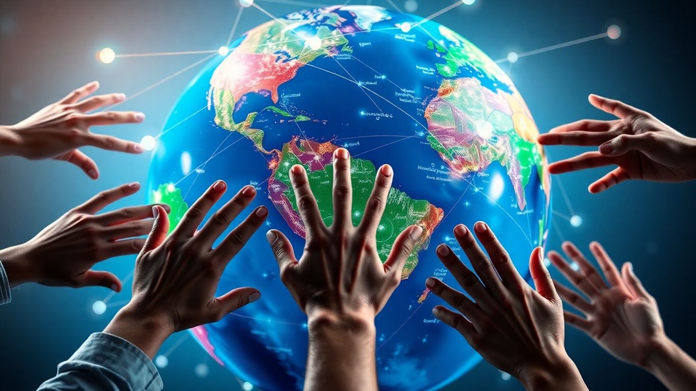 Global expansion and worldwide reach with diverse hands.