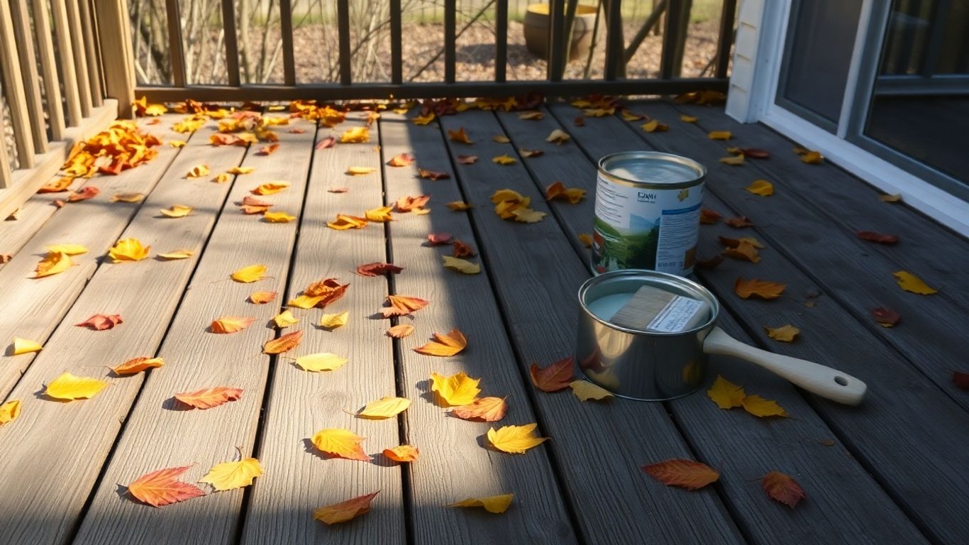 Deck with autumn leaves and painting supplies.