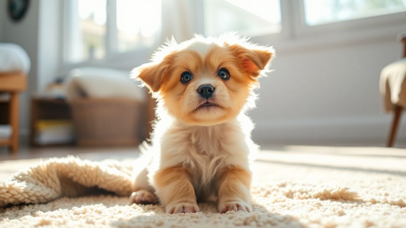 Happy puppy learning training basics indoors.