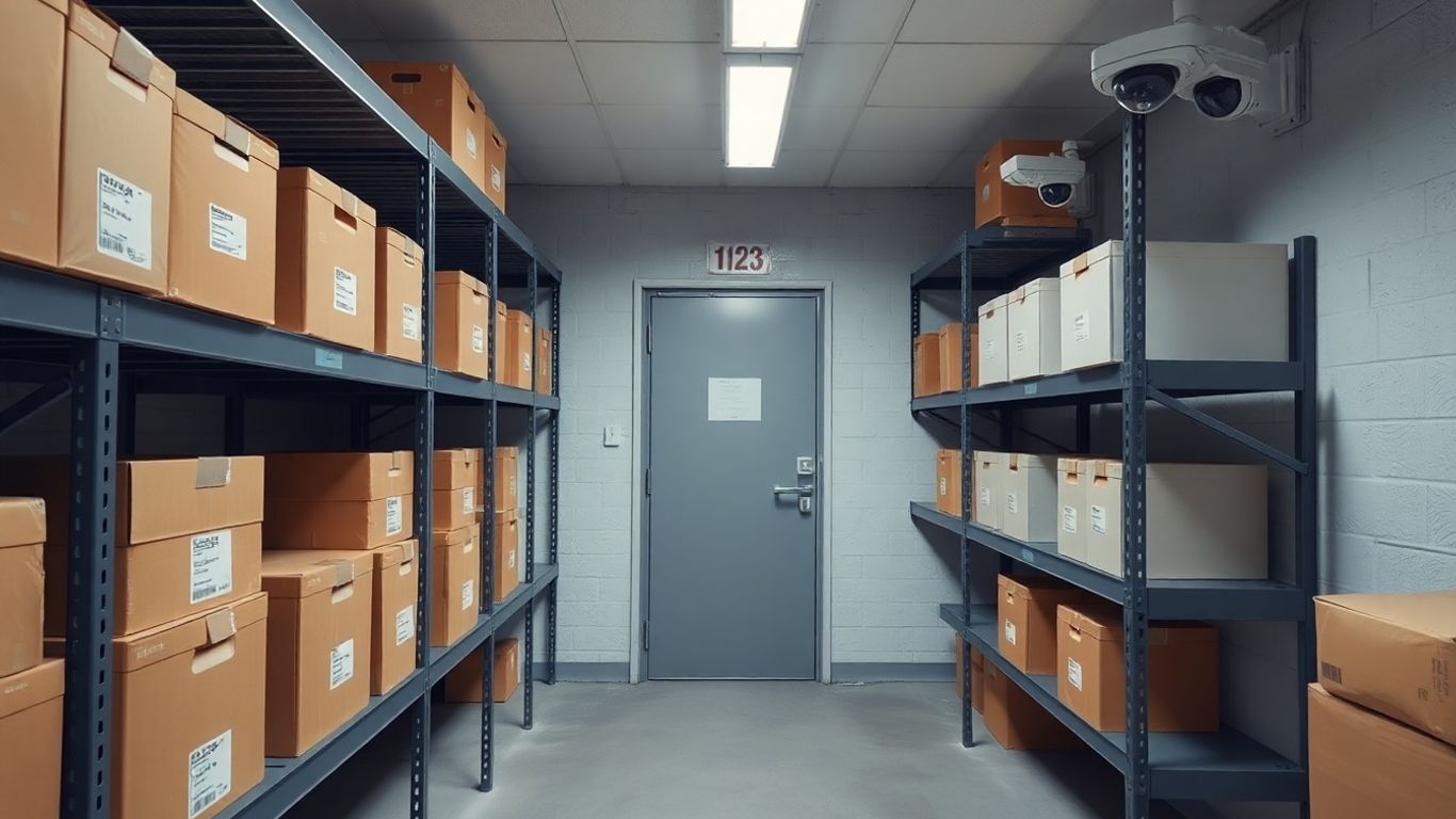 Secure storage room with boxes and security cameras