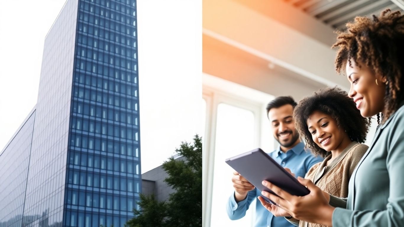 Private equity office building and people investing together.