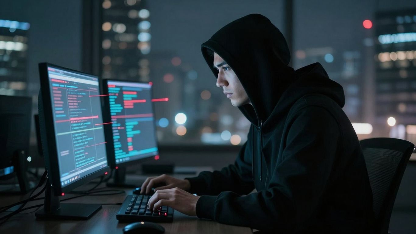 Shadowy figure at computer, data streams, blurred cityscape.