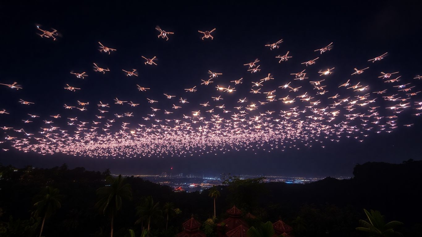 Pertunjukan drone di langit malam Bali yang memukau.
