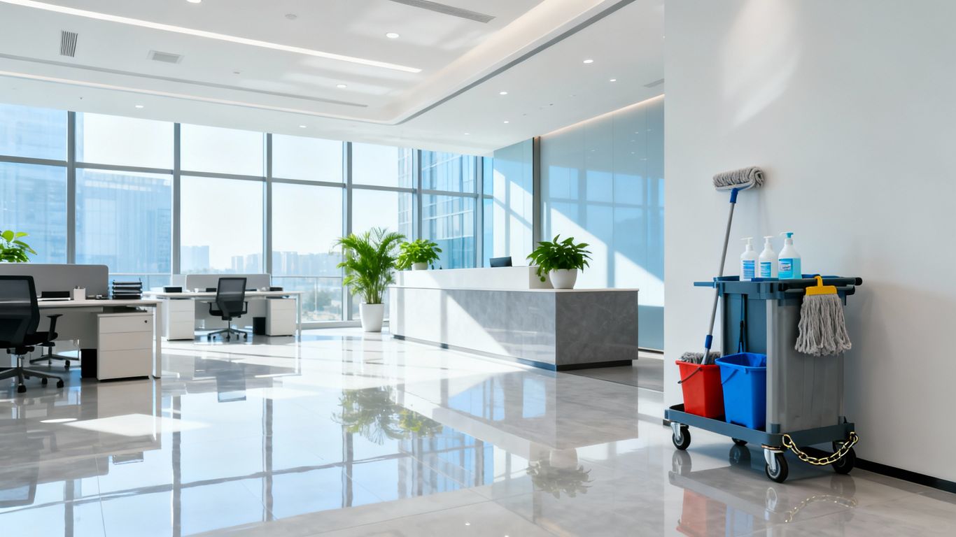 Lesklá kancelária po dennom upratovaní, pripravená na prácu.