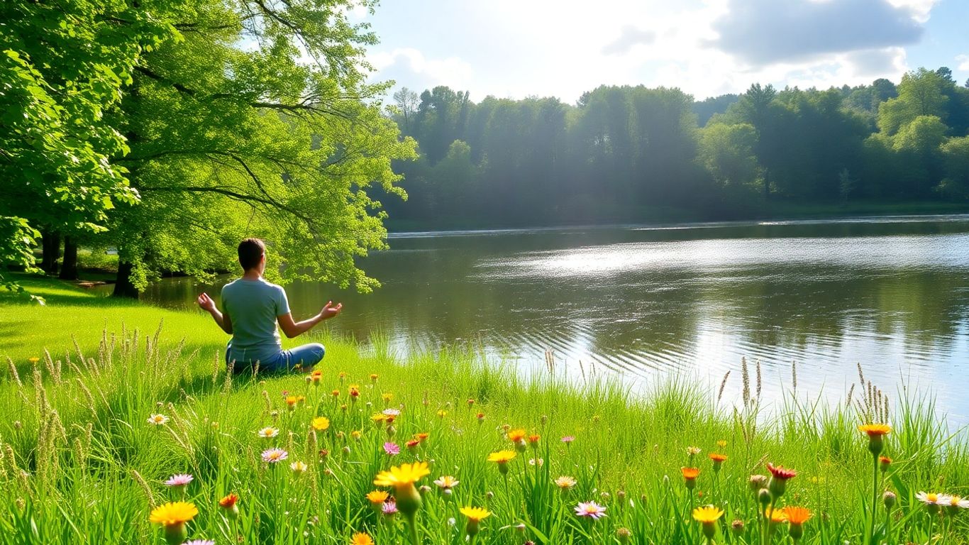 Person meditating in a peaceful, sunlit forest.