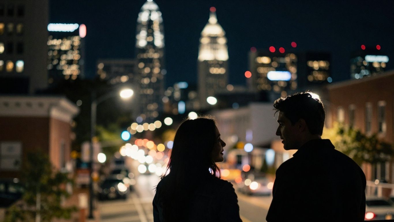 Charlotte NC cityscape at night with subtle figures.