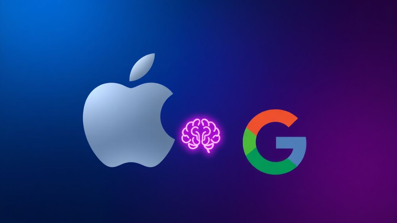 Apple and Google logos connected by AI brain graphic.