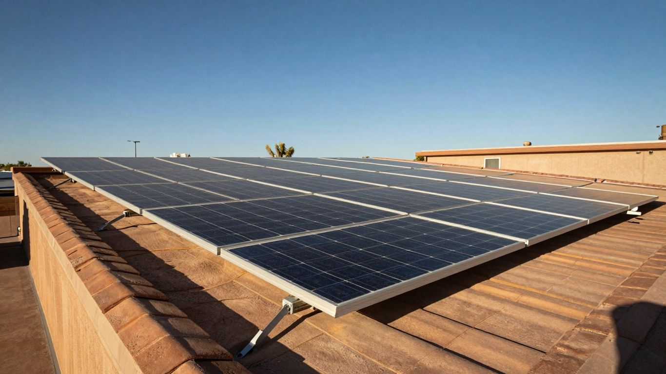 Arizona Rooftop With Solar Panels Under A Blue Sky.