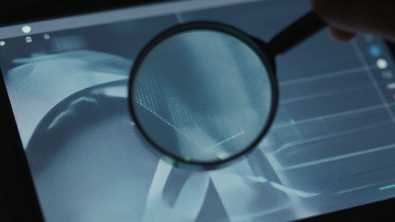 Magnifying glass over a digital screen.