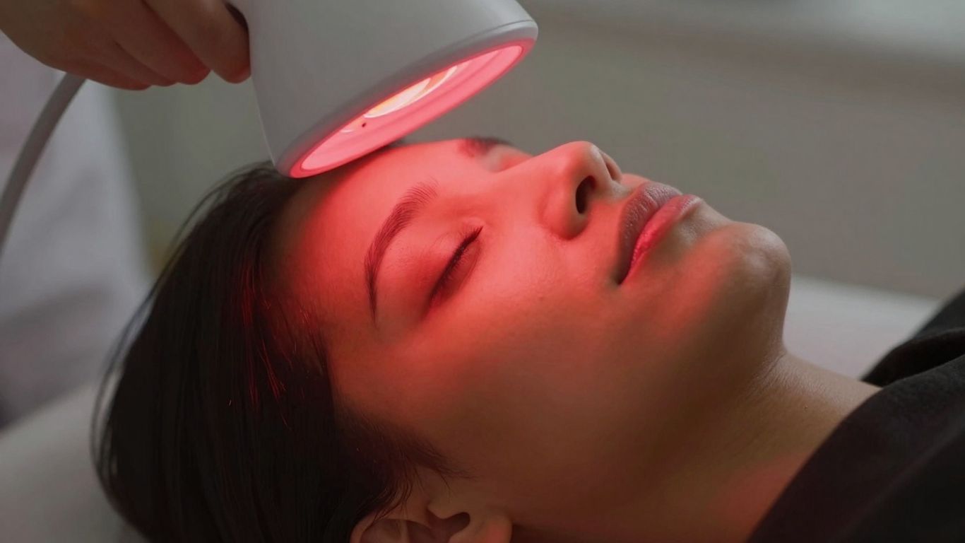 Person receiving red light therapy treatment.