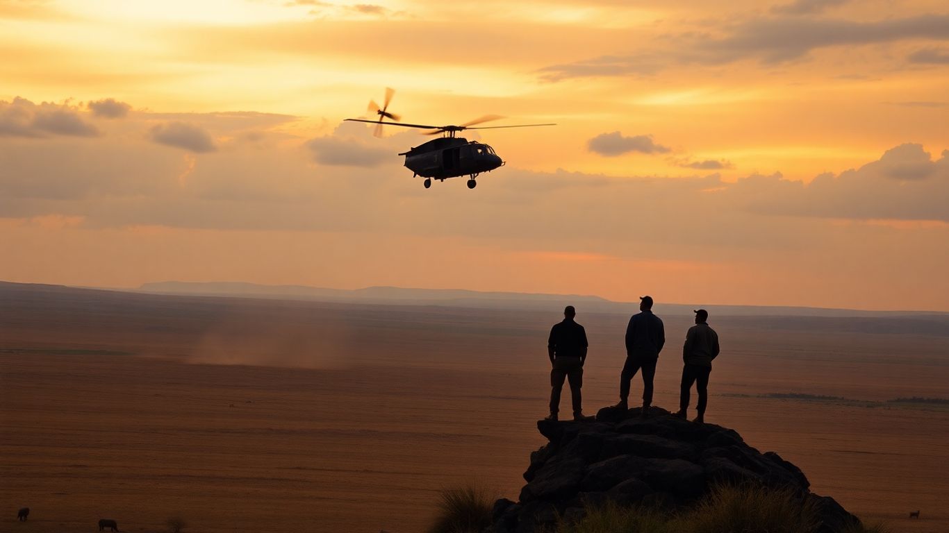 Military helicopter over African savanna, figures watching.