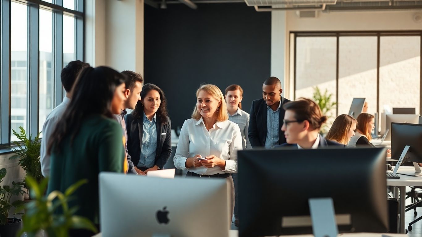 SaaS Academy employees collaborating in a bright, modern office.