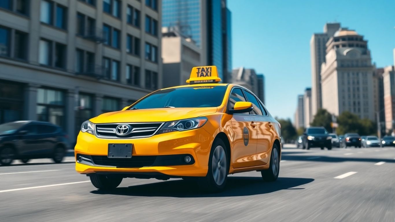 Yellow taxi cab driving on a sunny city street.