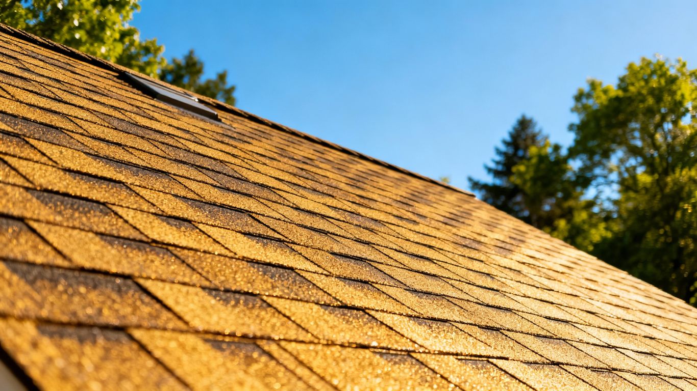 Healthy roof shingles under a bright blue sky.