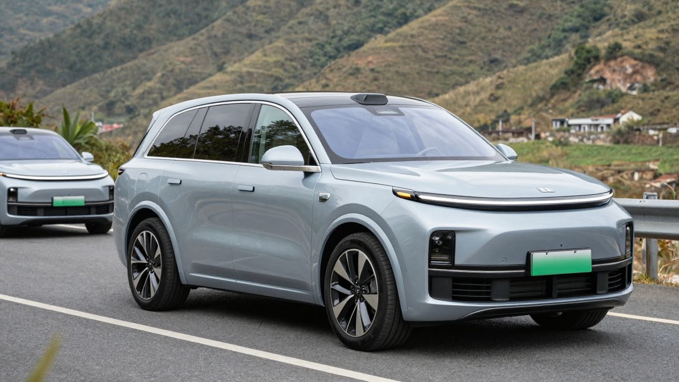 Three-row electric SUVs on a scenic road.