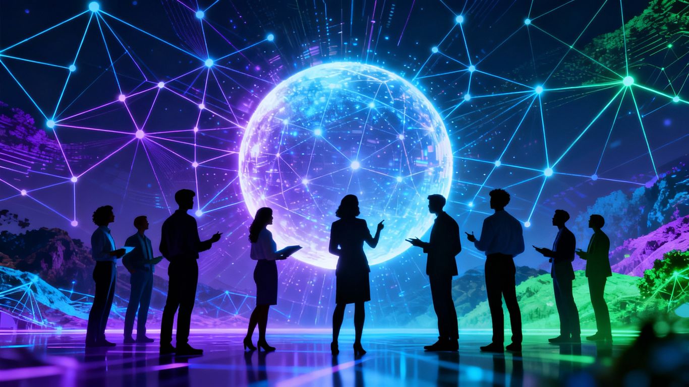 Abstract digital landscape with glowing lines and interconnected nodes.