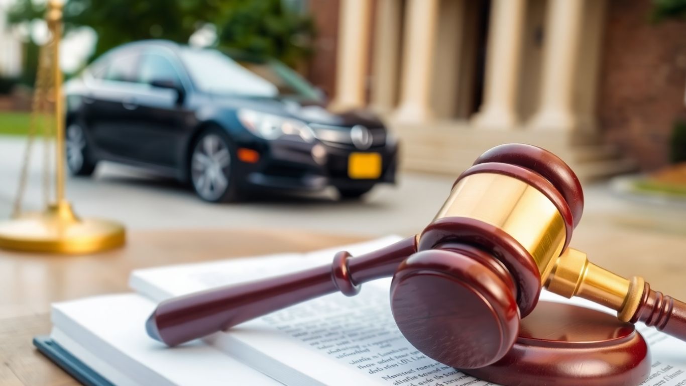 Gavel on book with car and courthouse background.