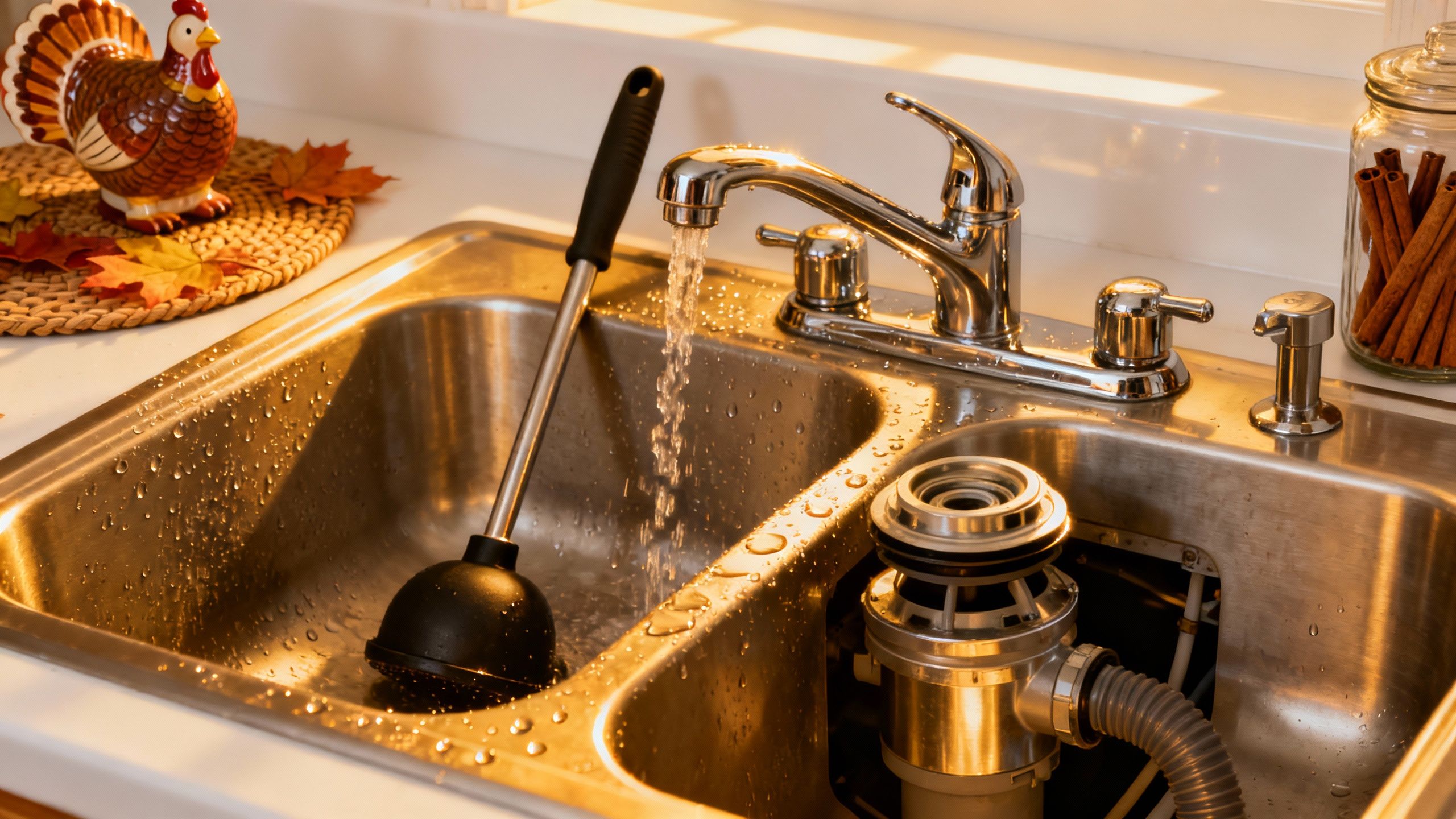 Kitchen sink and garbage disposal ready for Thanksgiving guests.