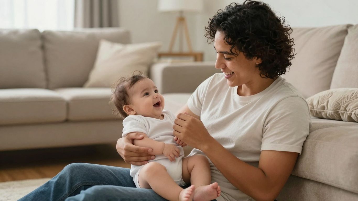 Person babysitting a happy baby in a comfortable home.