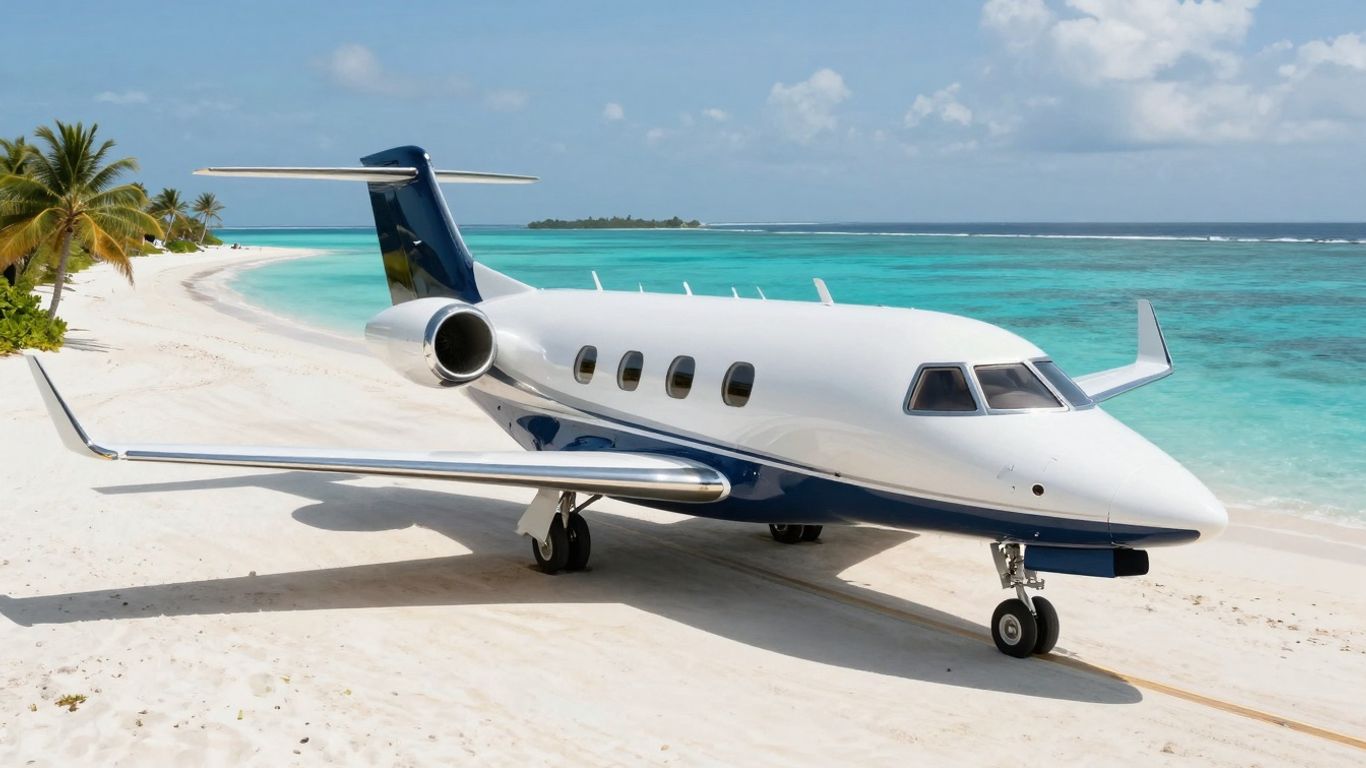 Luksusowy odrzutowiec nad tropikalną wyspą