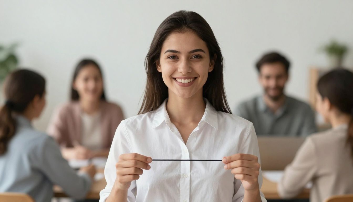 Pessoa segura e sorridente traçando limites claros de forma positiva, com expressão confiante e ambiente harmonioso ao fundo