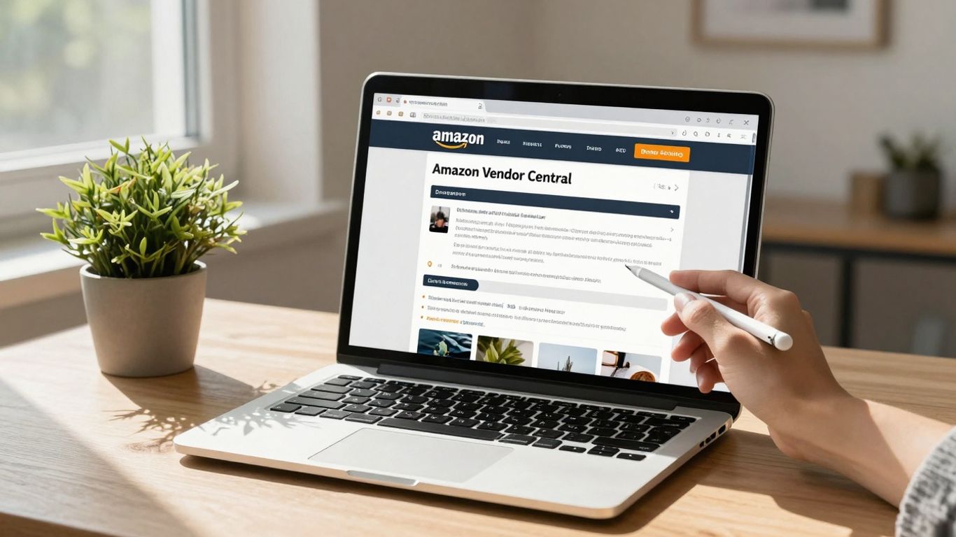 Amazon Vendor Central dashboard on a laptop screen.