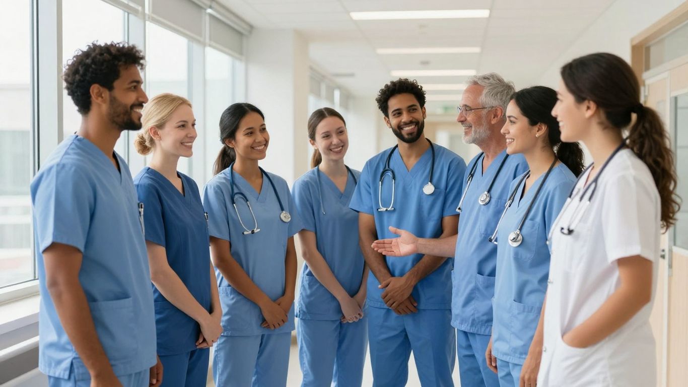 Healthcare workers smiling and standing together in a hospital.
