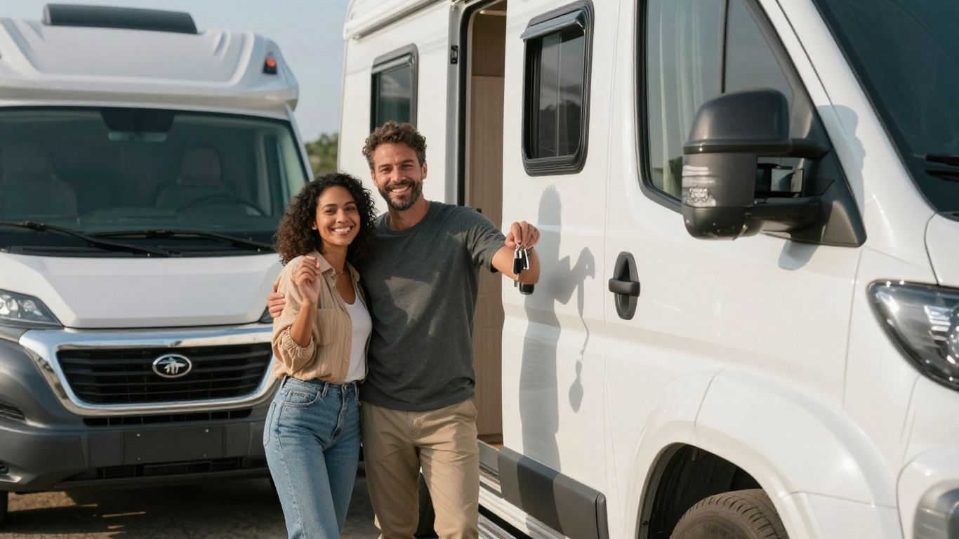 Couple with motorhome keys ready for travel.