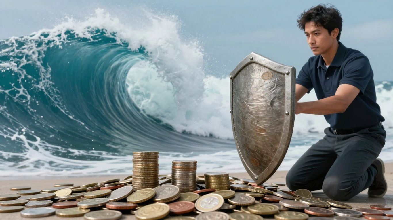Shield protecting coins from a large wave.