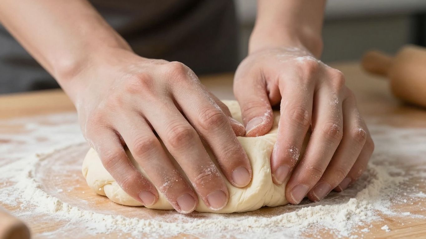 Hands kneading soft roti dough on a wooden surface.