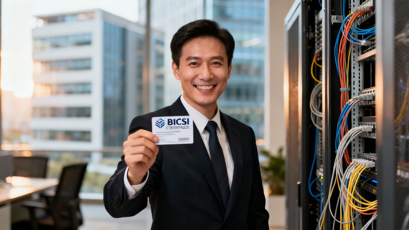 Man holding BICSI certification card, office background