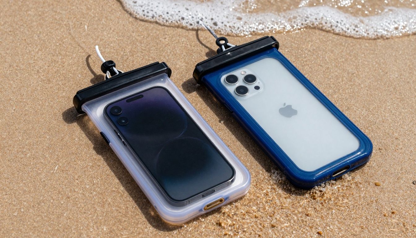 Two generic smartphones in waterproof cases on wet sand by the surf at an Australian beach, with no visible logos or identifiable models
