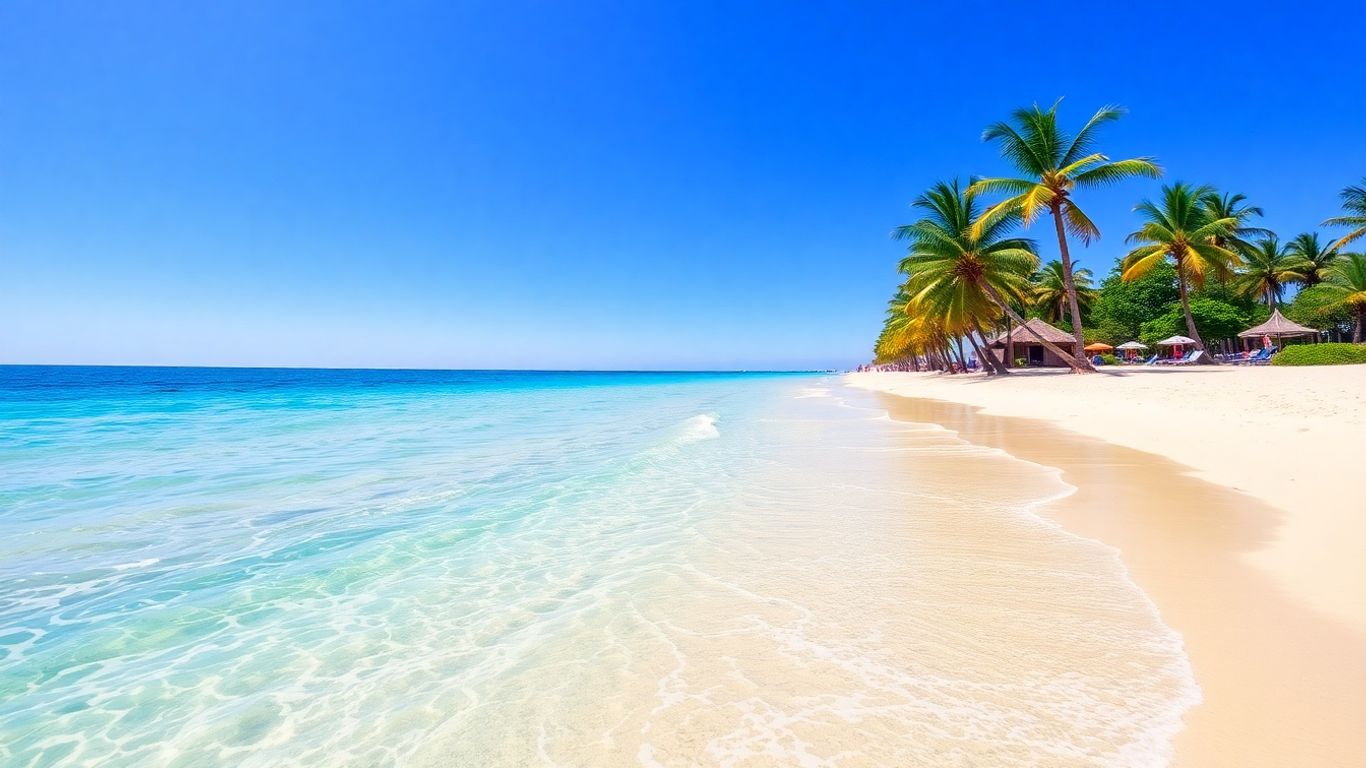 Sunny beach with clear water and palm trees.