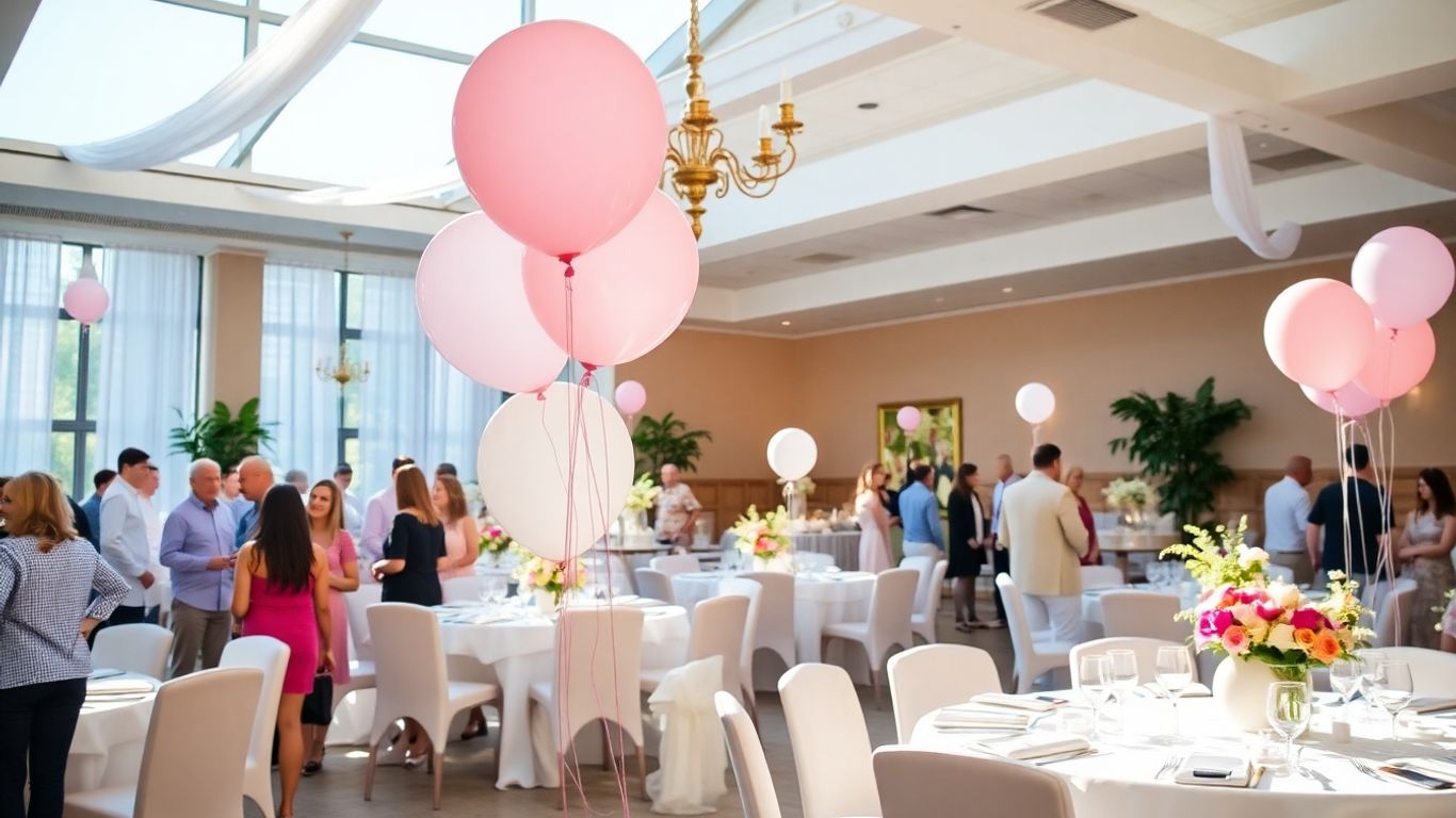 Elegant Dallas baby shower venue with balloons and floral decor.