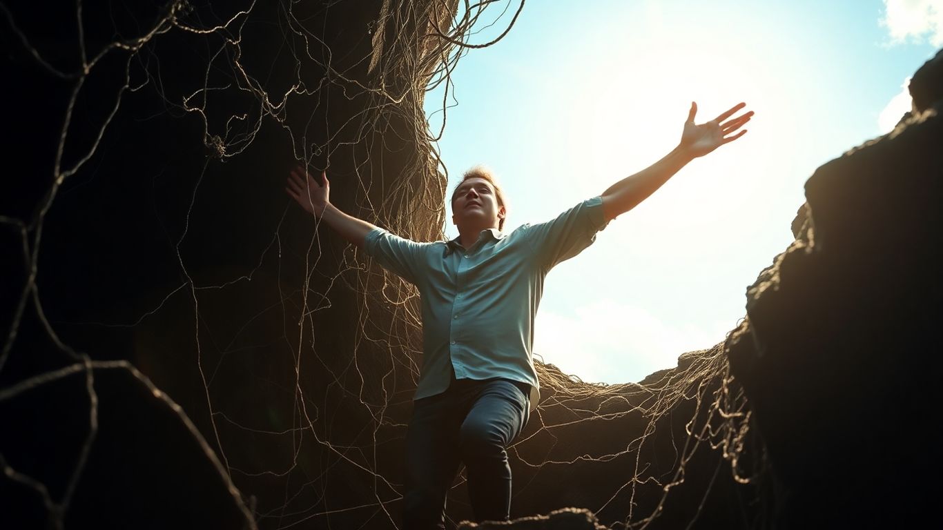 Person breaking free from darkness into light.