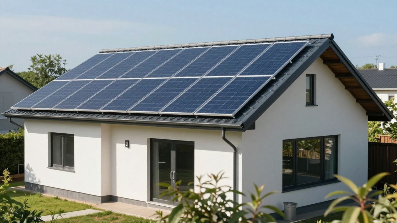 House with solar panels on the roof under the sun.