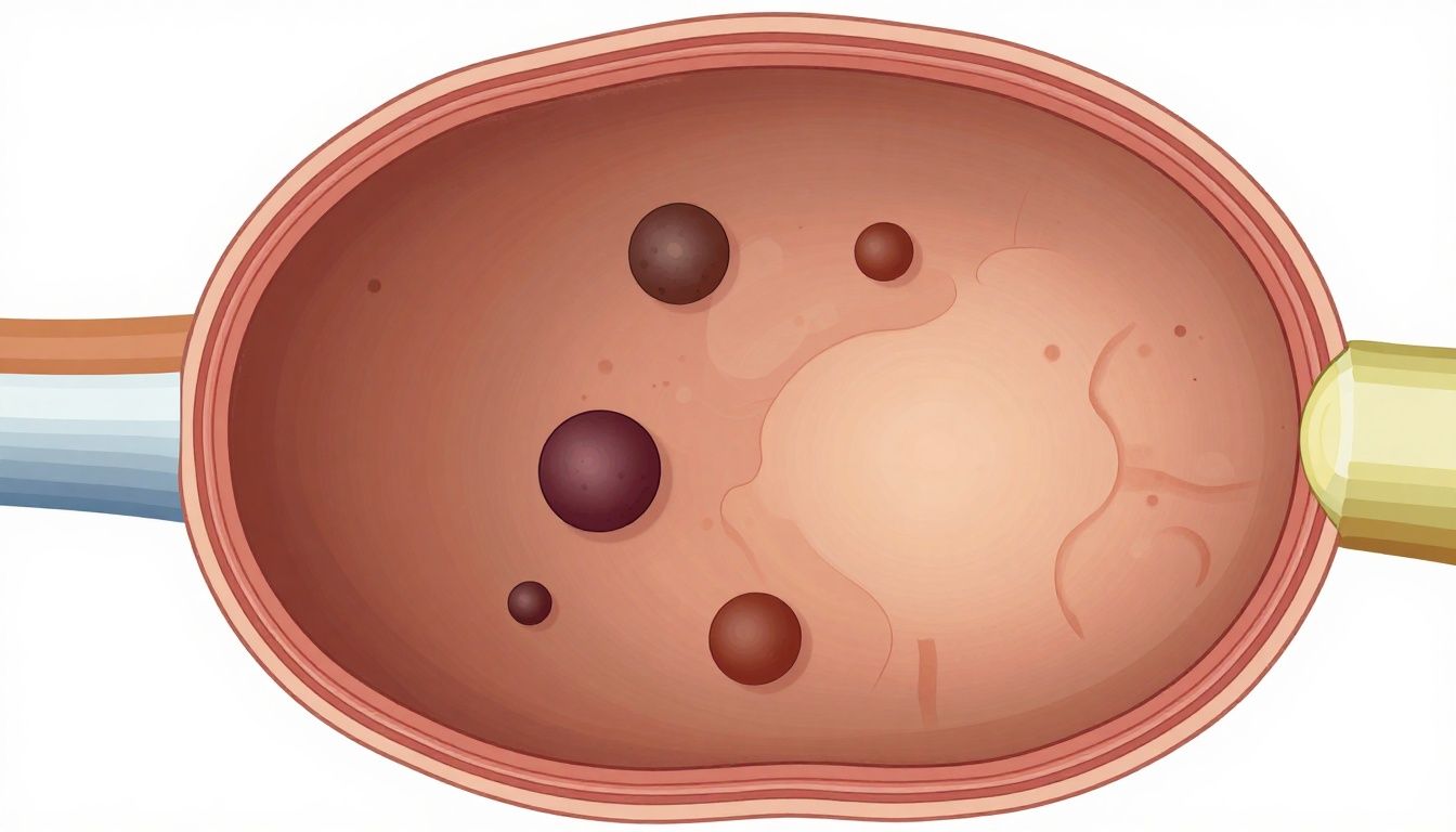 A cross-sectional illustration of the retina showing drusen deposits and macular thinning in dry AMD