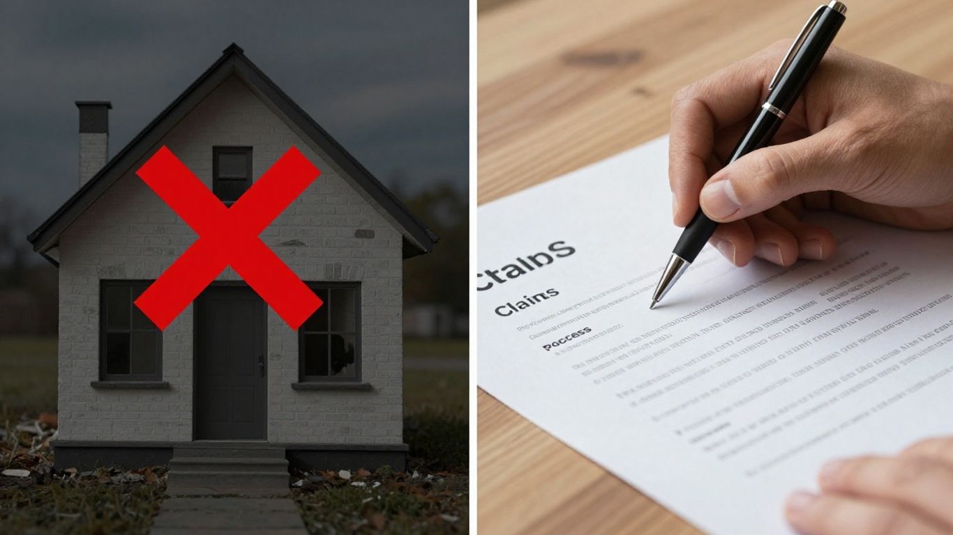 Damaged house and hand filing insurance claim document.