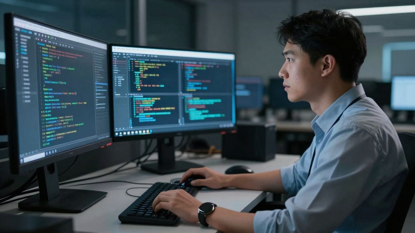 Cybersecurity analyst working on multiple computer screens.