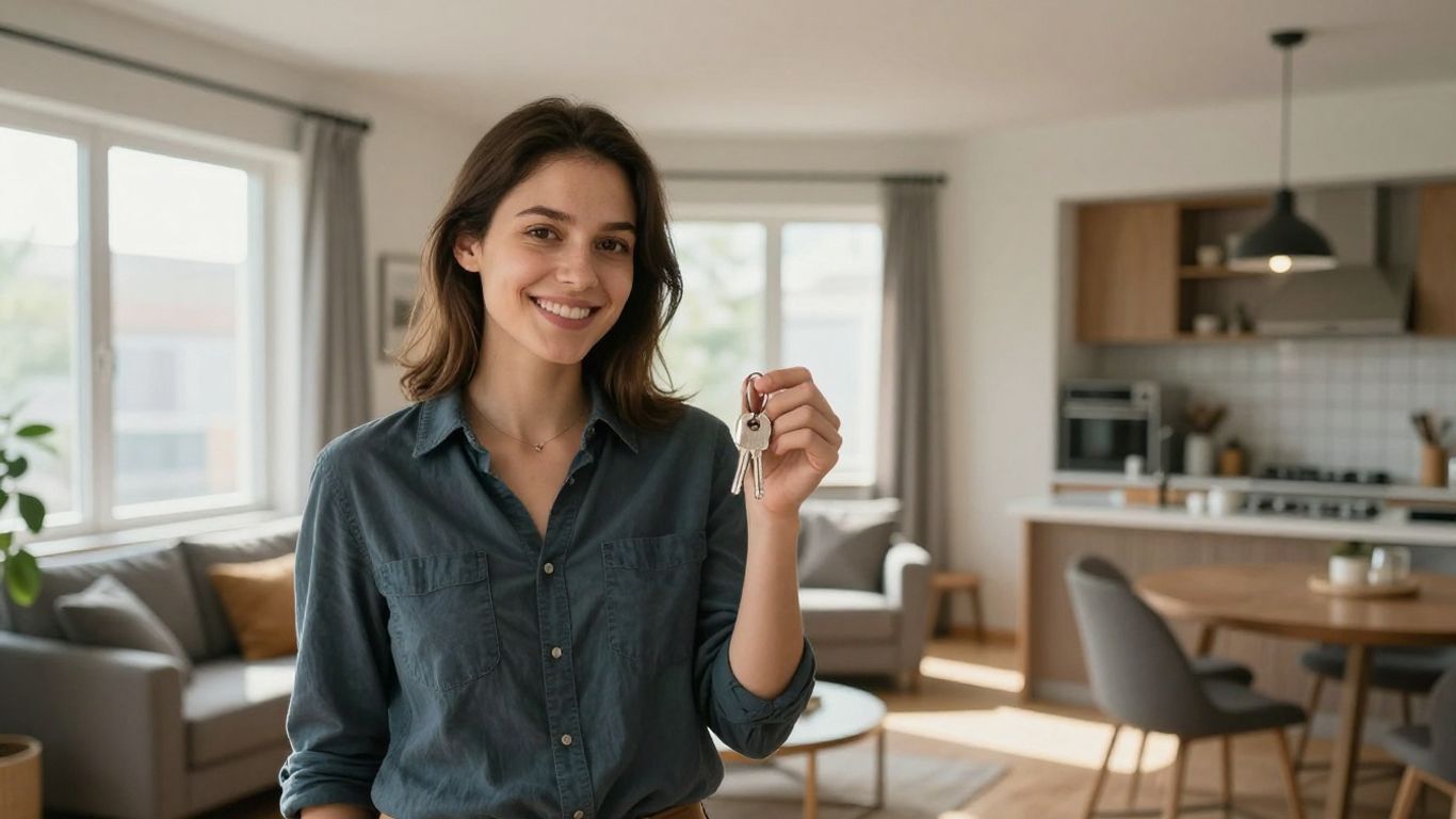 Persona sonriente con llaves frente a un apartamento moderno.